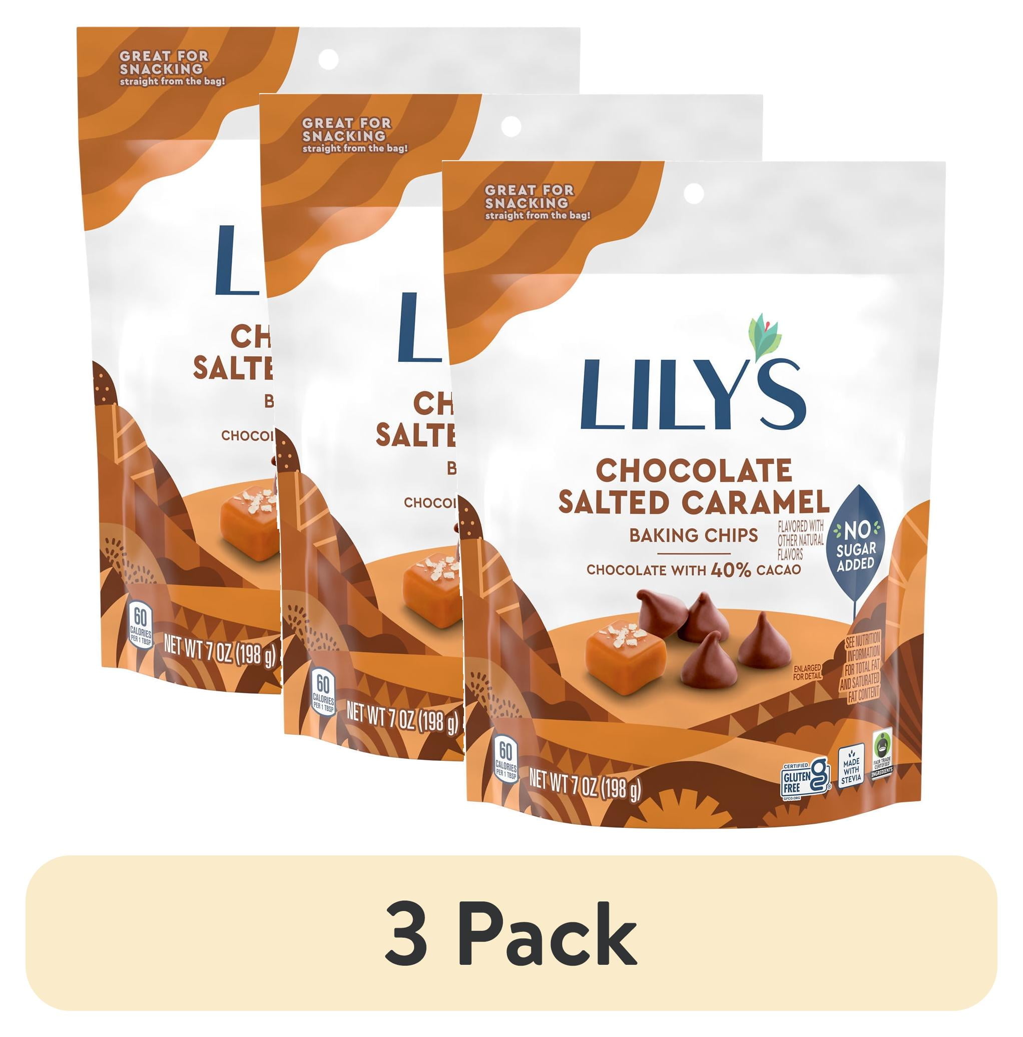 (3 pack) LILY'S Chocolate Salted Caramel Flavored Baking Chips, No Sugar Added, Gluten Free, 7 oz