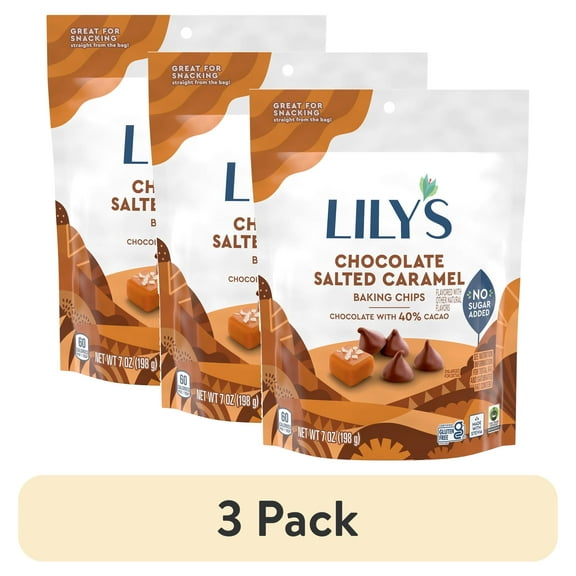 (3 pack) Lily's Chocolate Salted Caramel Flavored No Added Sugar Baking Chips, Bag 7 oz