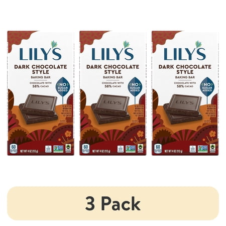 (3 pack) Lily's Dark Chocolate Style No Added Sugar, Gluten Free Baking Bar, 4 oz