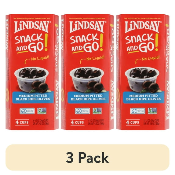 (3 pack) Lindsay Medium Pitted Black Ripe Olives, 4 Pack Cups