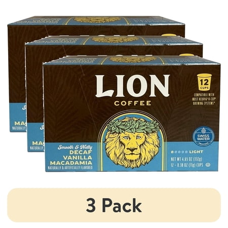 (3 pack) Lion Coffee Medium Roast Coffee Pods for Keurig Coffee Maker, Swiss Water Decaf, 12 Count