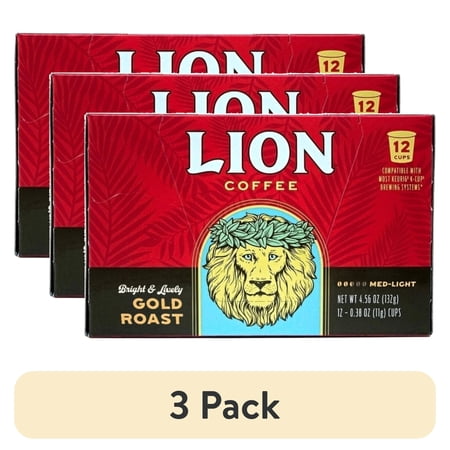 (3 pack) Lion Coffee Gold Roast Medium Roast Coffee Pods for Keurig Coffee Maker, 12 Count