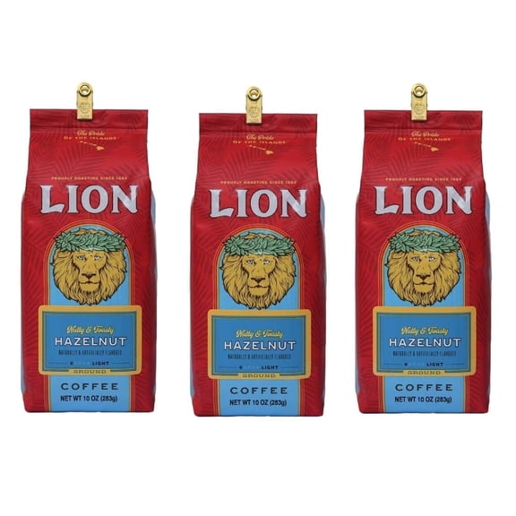 (3 pack) Lion Coffee, Hazelnut Flavor, Light Roast, Ground Coffee, 10 Ounce Bag