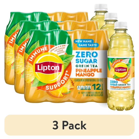 (3 pack) Lipton Immune Support Green Tea Pineapple Mango Zero Sugar Iced Tea, 16.9 fl oz, 9 pack Bottles​