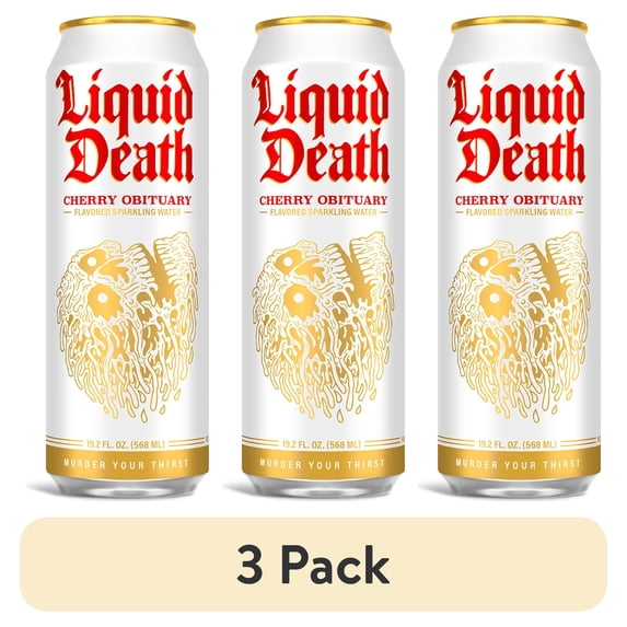 (3 pack) Liquid Death, Cherry Obituary, Cherry-Flavored Sparkling Water, 19.2 oz King Sized Can, Low Calorie & No Artificial Sweeteners