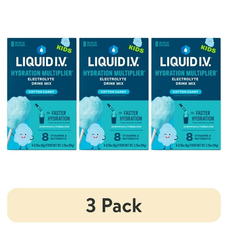 (3 pack) Liquid I.V.® Cotton Candy Hydration Multiplier® for Kids Powdered Electrolyte Drink Mix, 8 Count Packets