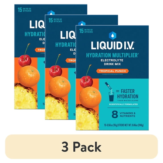 (3 pack) Liquid I.V.® Tropical Punch Hydration Multiplier® Powdered Electrolyte Drink Mix, 15 Count Packets