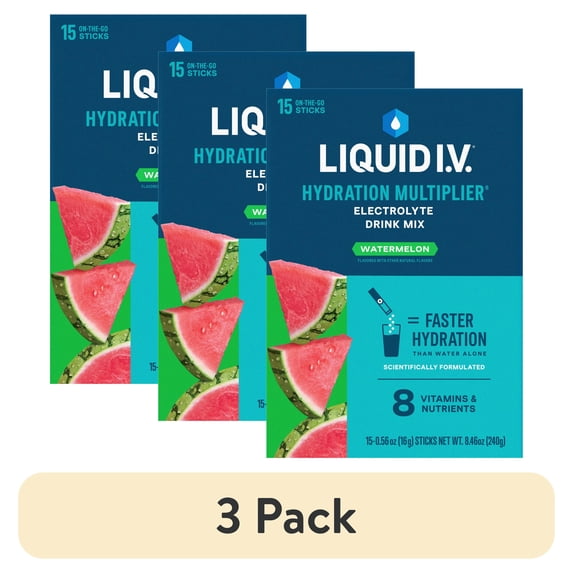 (3 pack) Liquid I.V.® Watermelon Hydration Multiplier® Powdered Electrolyte Drink Mix, 15 Count Packets