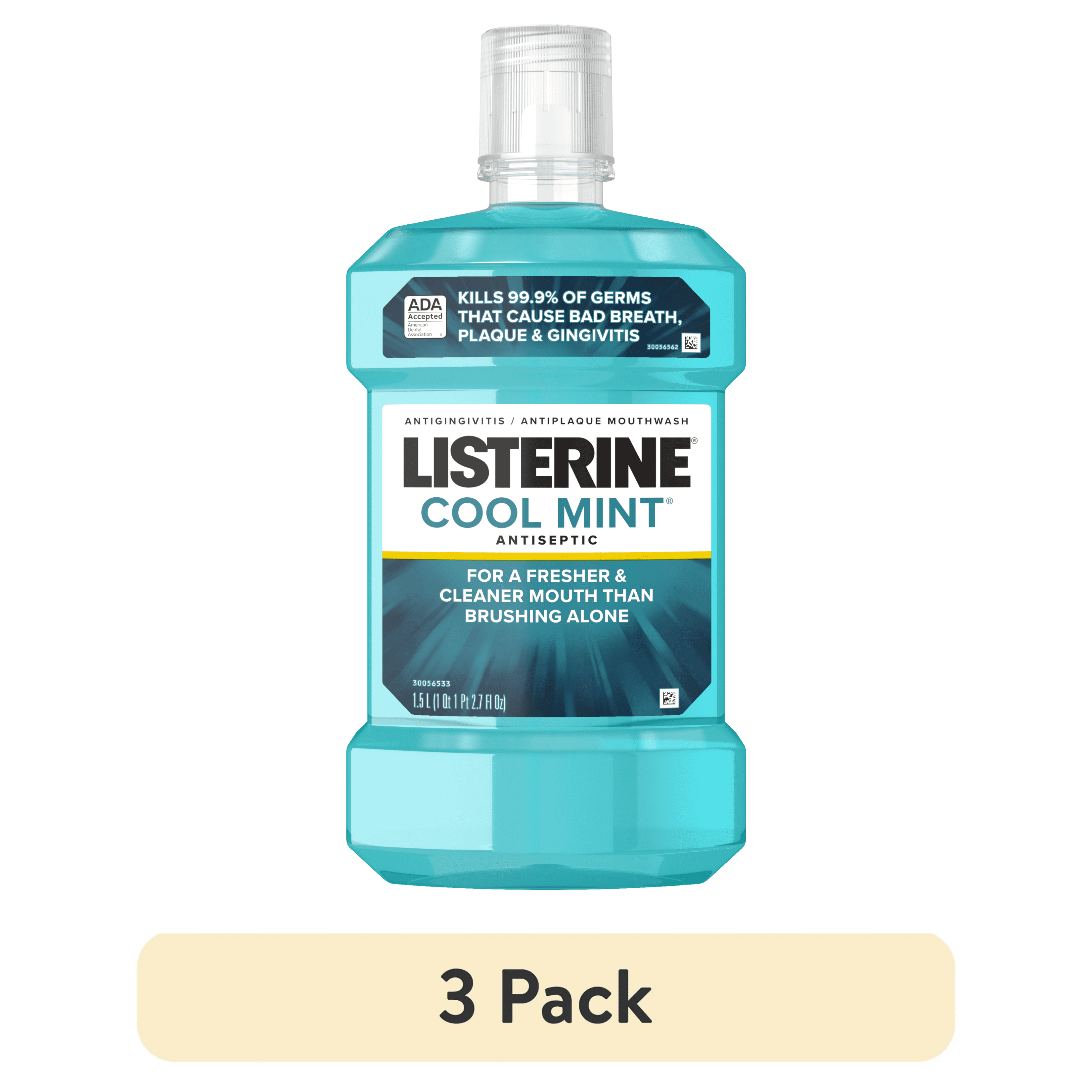 (3 pack) Listerine Cool Mint Intense Antiseptic Mouthwash, For Bad Breath & Plaque Oral Care, 1.5 L