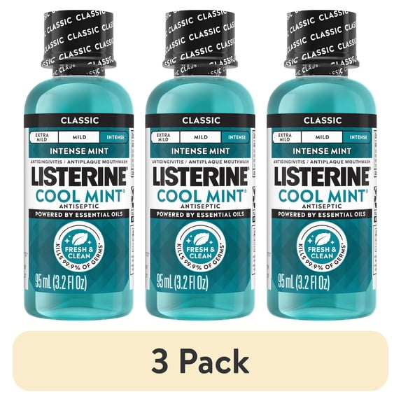 (3 pack) Listerine Cool Mint Intense Antiseptic Mouthwash, For Bad Breath & Plaque Oral Care, 3.2 oz