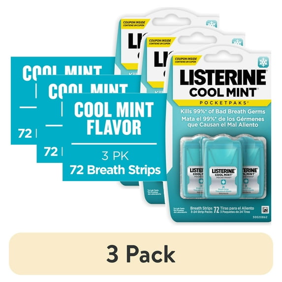 (3 pack) Listerine Cool Mint PocketPaks Oral Care Breath Strips, Breath Spray Strips, 24 Count, 3 Pack