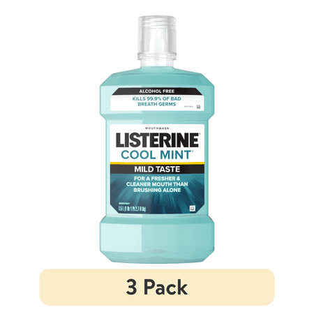 (3 pack) Listerine Cool Mint Alcohol Free Mild Oral Care Mouthwash for Bad Breath, Cool Mint Mild, 1.5 L