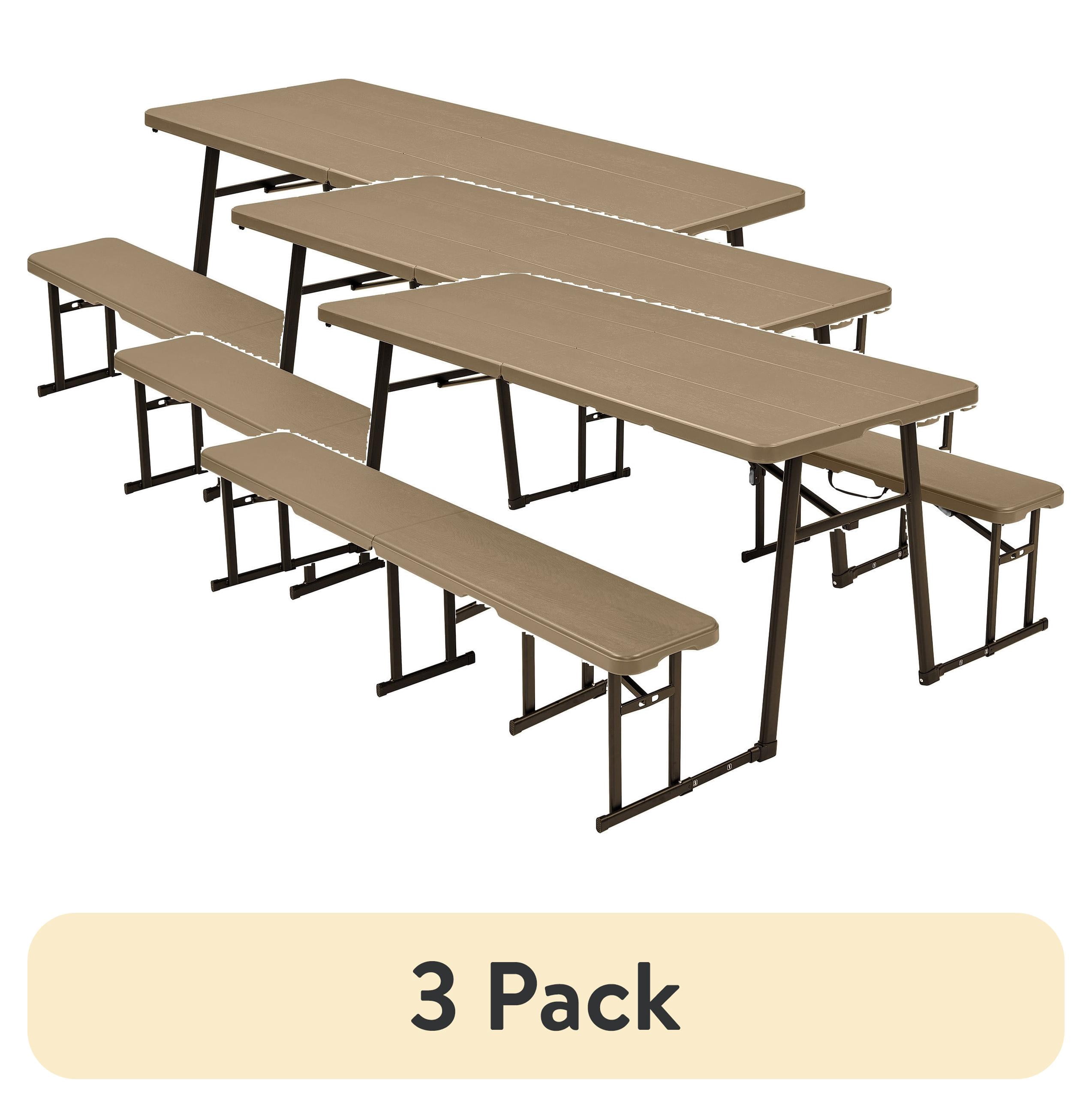 (3 pack) Living & More 3-Piece 6 ft Folding Picnic Table Set with 2 Benches, Polyethylene and Steel, Indoor/Outdoor, Light Brown and Dark Brown