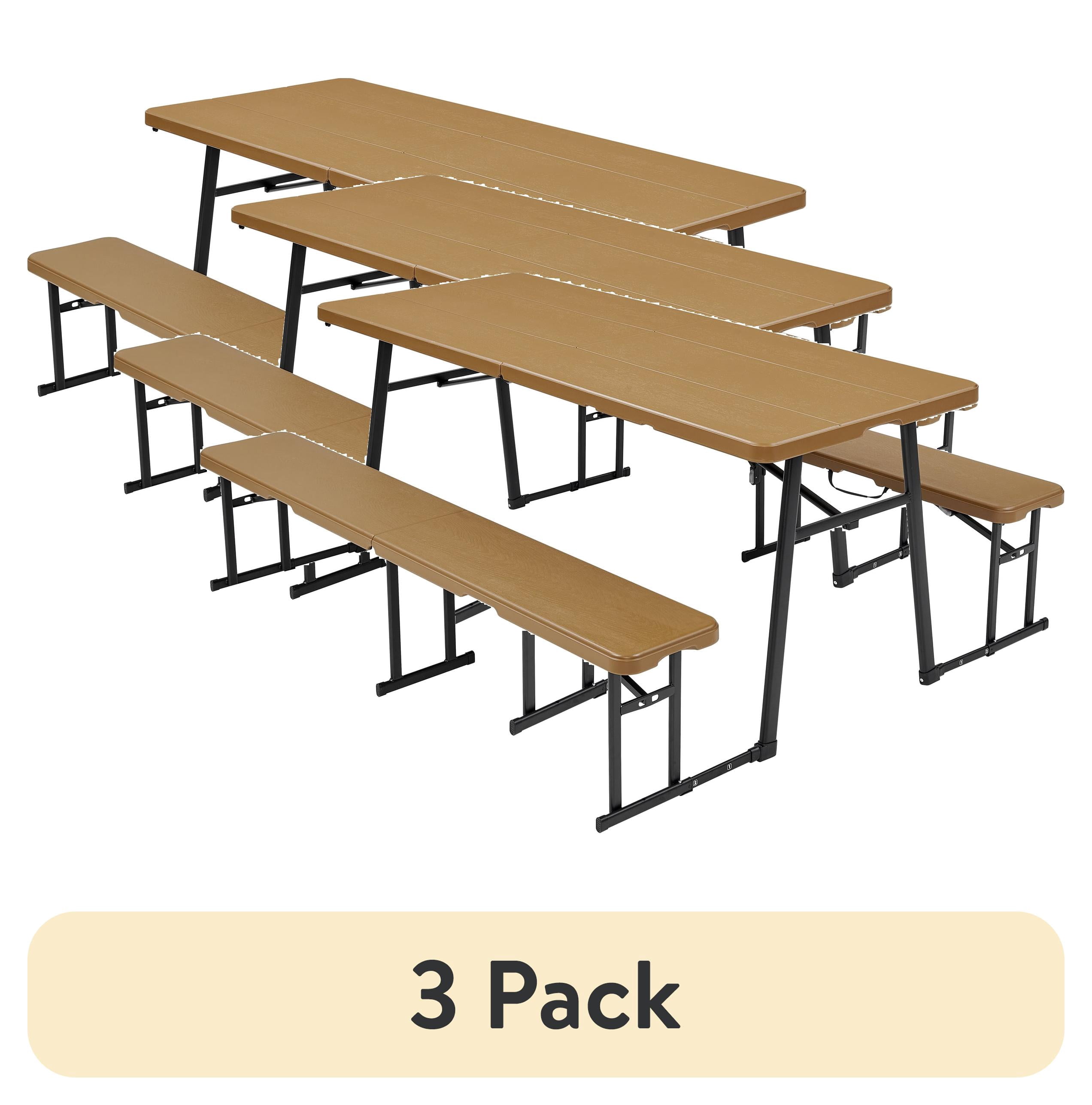 (3 pack) Living & More 3-Piece Folding Picnic Table Set, 6 ft Polyethylene Table with 2 Folding Benches, Dark Brown