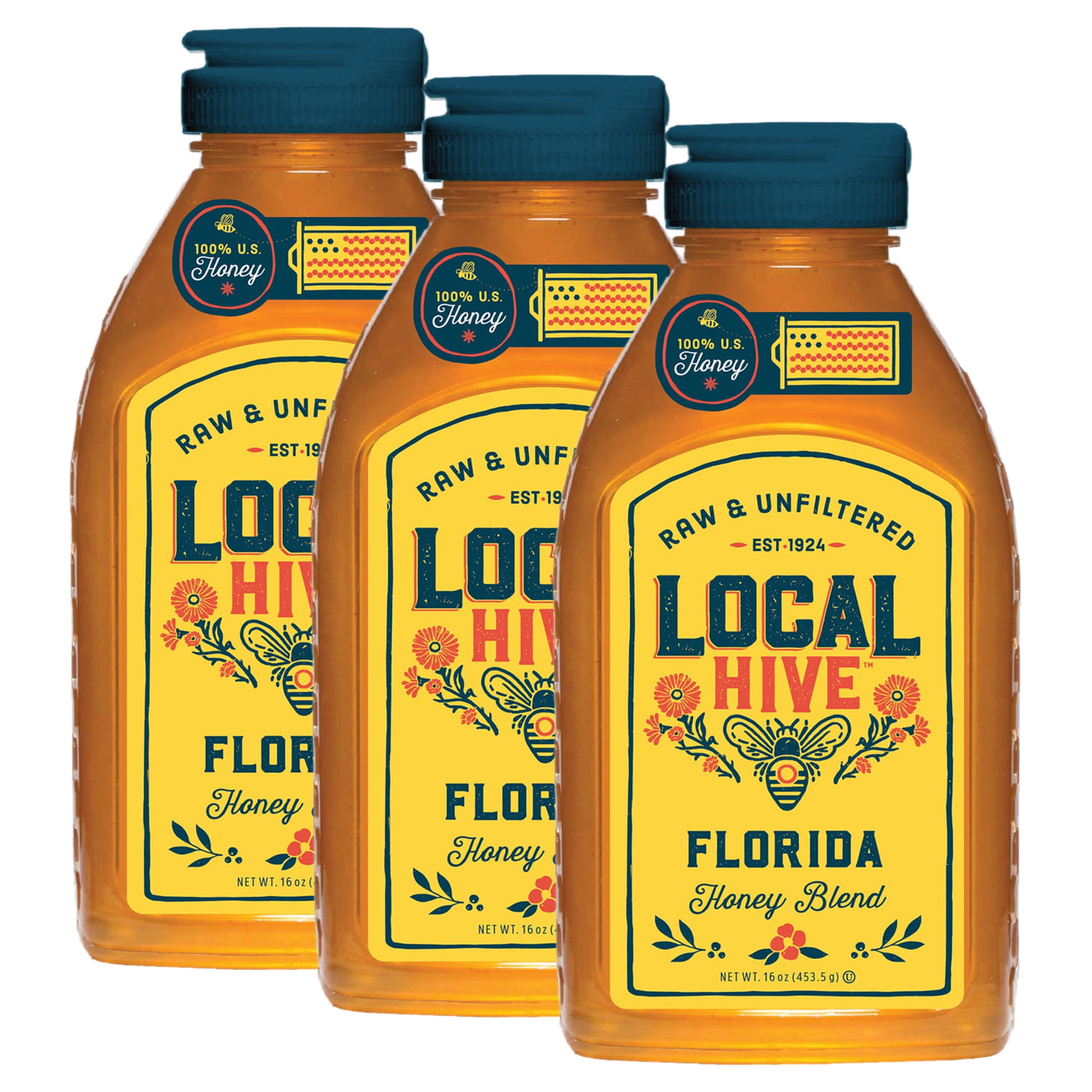 (3 pack) Local Hive, Raw & Unfiltered, 100% U.S. Florida Honey Blend, 16 oz Bottle