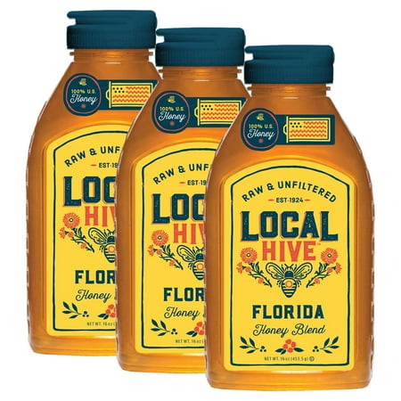 (3 pack) Local Hive, Raw & Unfiltered, 100% U.S. Florida Honey Blend, 16 oz Bottle
