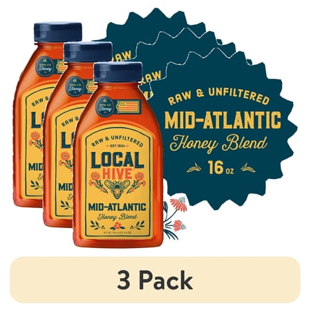 (3 pack) Local Hive, Raw & Unfiltered, 100% U.S. Mid-Atlantic Honey Blend, 16oz Bottle