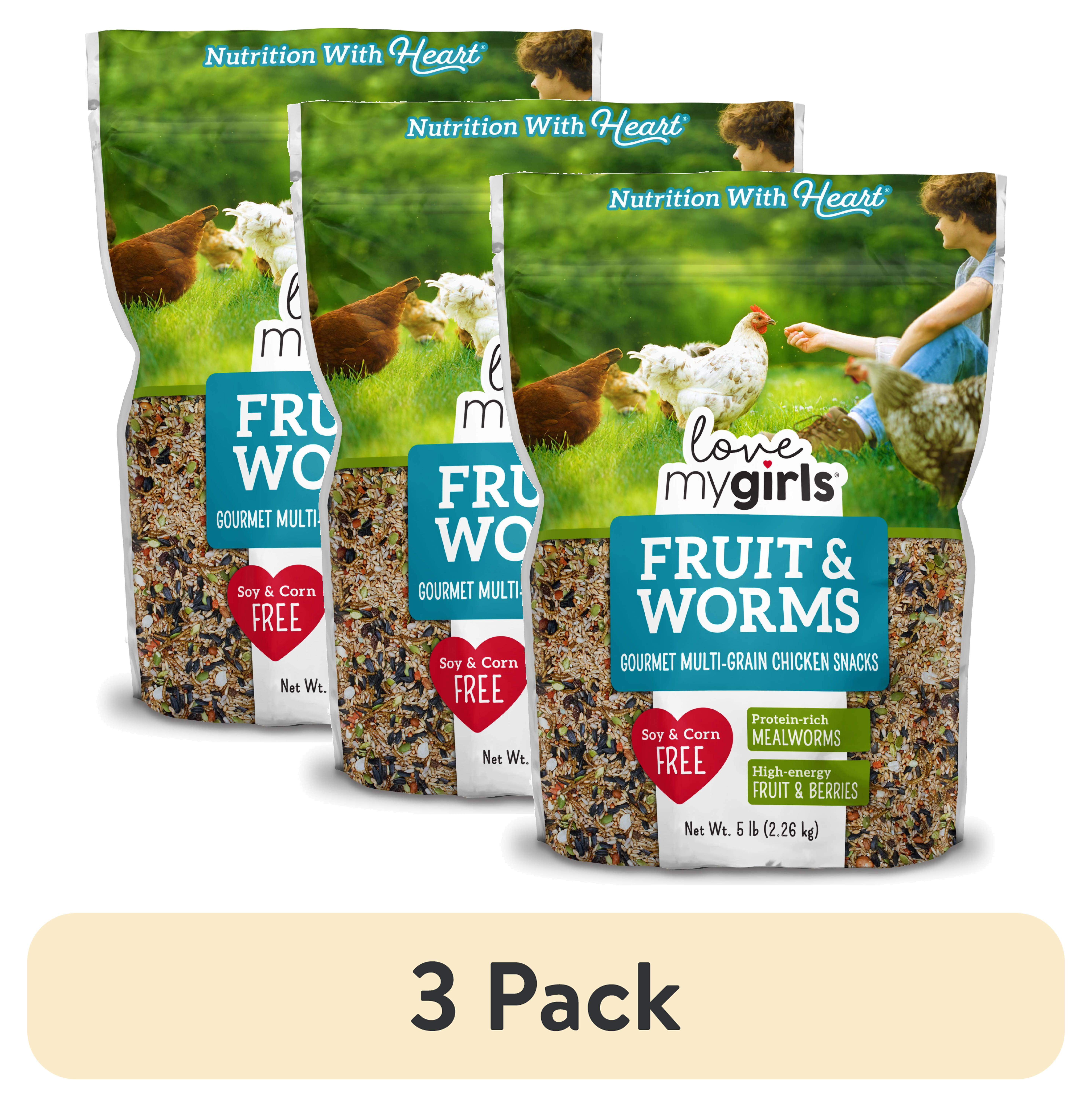 (3 pack) Love My Girls Fruit & Worms Gourmet Multi-Grain Chicken Treats, Granules, 5 lb. Bag