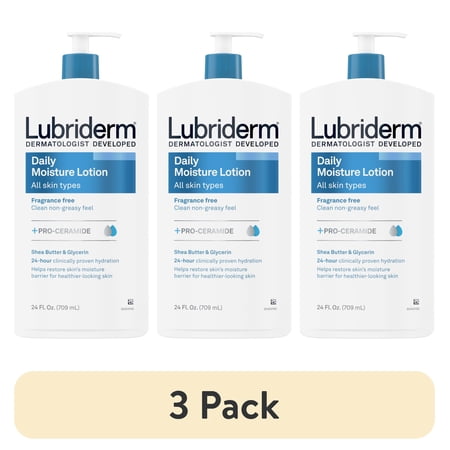 (3 pack) Lubriderm Daily Moisture Body Lotion + Pro-Ceramide, Fragrance Free, 24 Fl oz