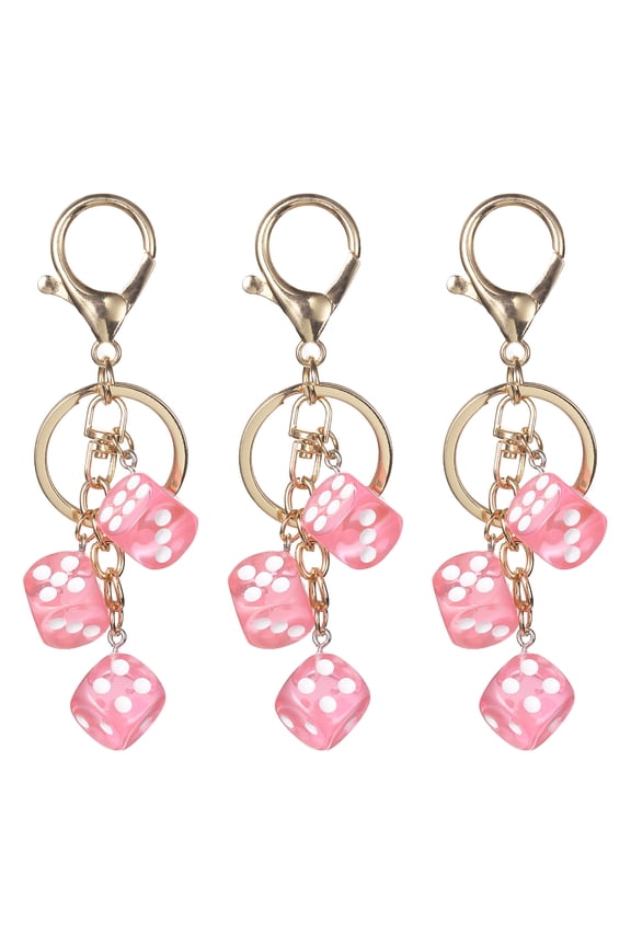 3 pack Lucky Dice Keychain Charm, Resin 3D Cube Square Mini Dice Keyrings Holder with 3 Pendants for Bag, Wallet, Purse, Car, Cellphone Accessories, Pink