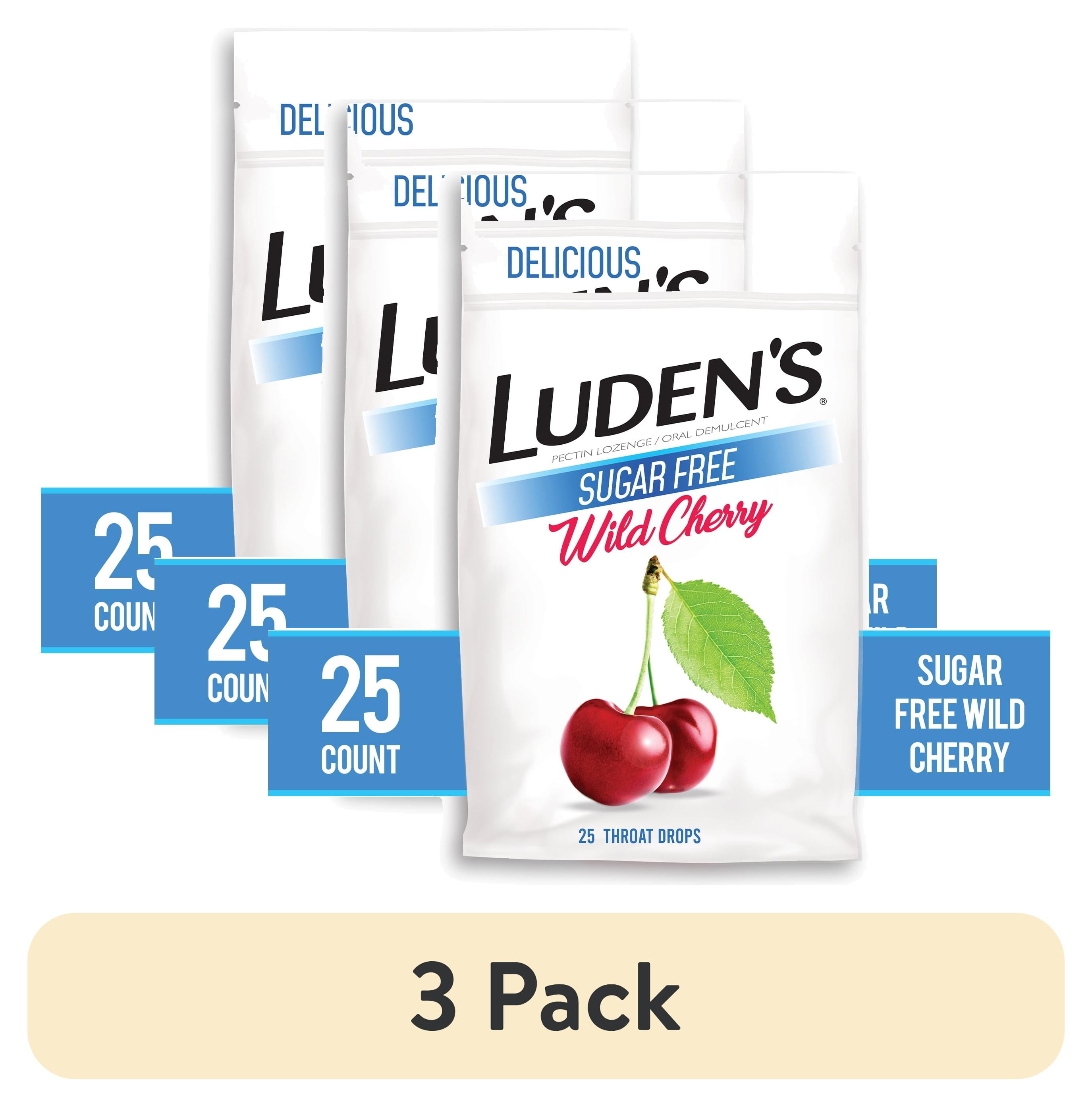 (3 pack) Luden's Sore Throat Drops, For Minor Sore Throat Relief, Sugar Free Wild Cherry, 25 Count