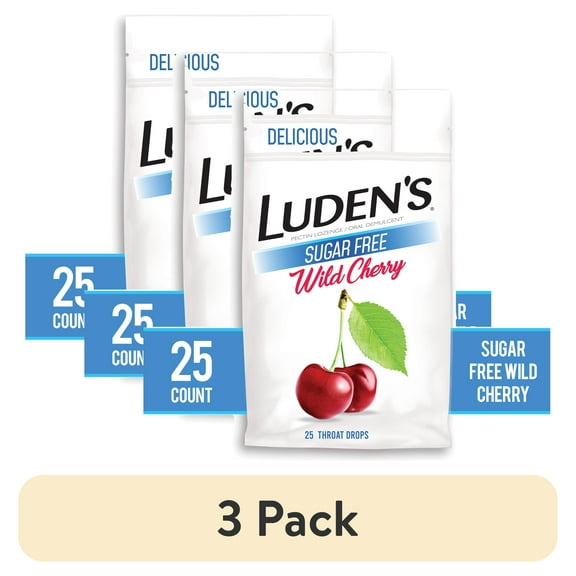 (3 pack) Luden's Sore Throat Drops, For Minor Sore Throat Relief, Sugar Free Wild Cherry, 25 Count