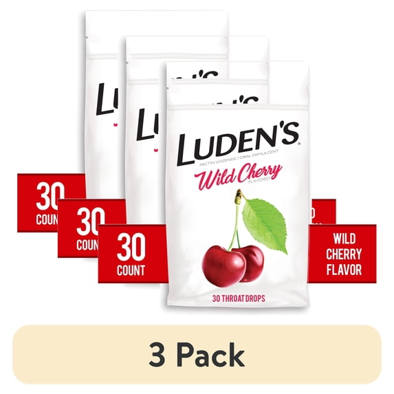 (3 pack) Luden's Sore Throat Drops, For Minor Sore Throat Relief, Wild Cherry, 30 Count