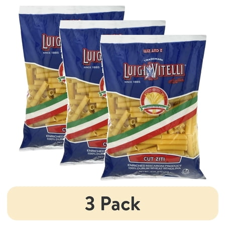 (3 pack) Luigi Vitelli Cut Ziti Pasta, 100% Durum Wheat Semolia, 16oz, Shelf Stable, Egg Free, Plastic Bag