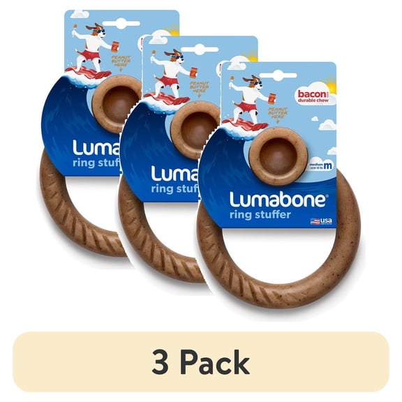 (3 pack) Lumabone Real Bacon Durable Ring-Stuffer Dog Chew Toy, Medium