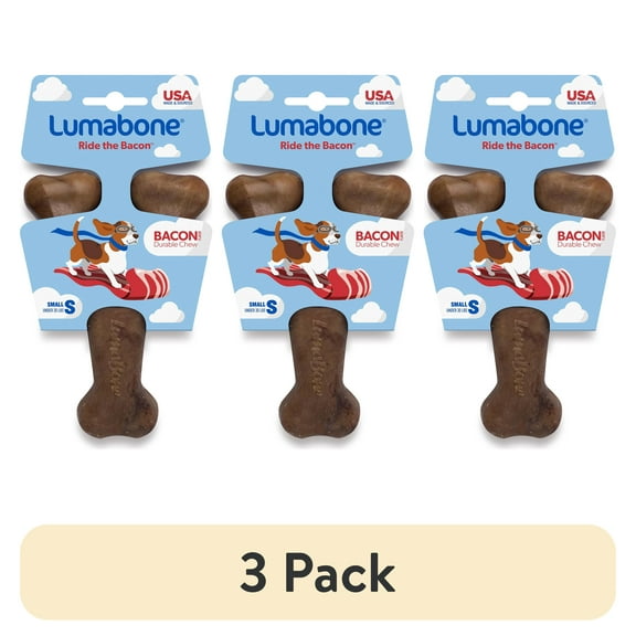 (3 pack) Lumabone Real Bacon Durable Wishbone Dog Chew Toy, Small