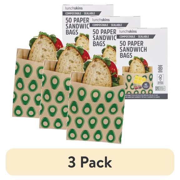 (3 pack) Lunchskins Eco-Friendly Compostable Sandwich Bags - Avocado Design, 50 Count, Eco-Friendly Food Storage Bags Made from Unbleached Kraft Paper with Recyclable Resealable Stickers