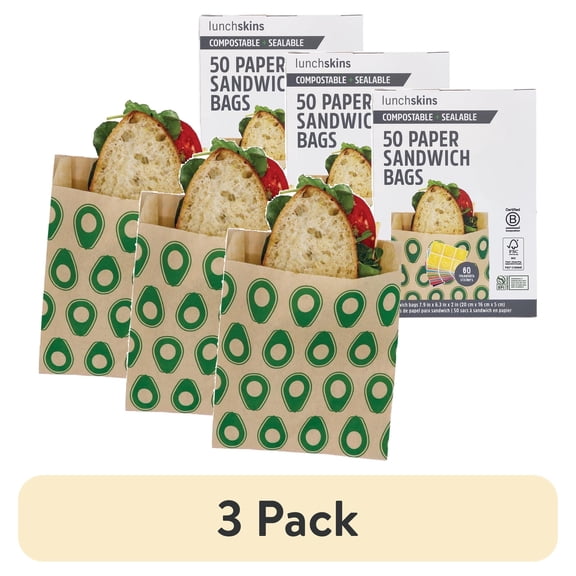 (3 pack) Lunchskins Sandwich Bags – 50 Count | Avocado Design | Eco-Friendly Food Storage Bags Made from Unbleached Kraft Paper with Recyclable Resealable Stickers