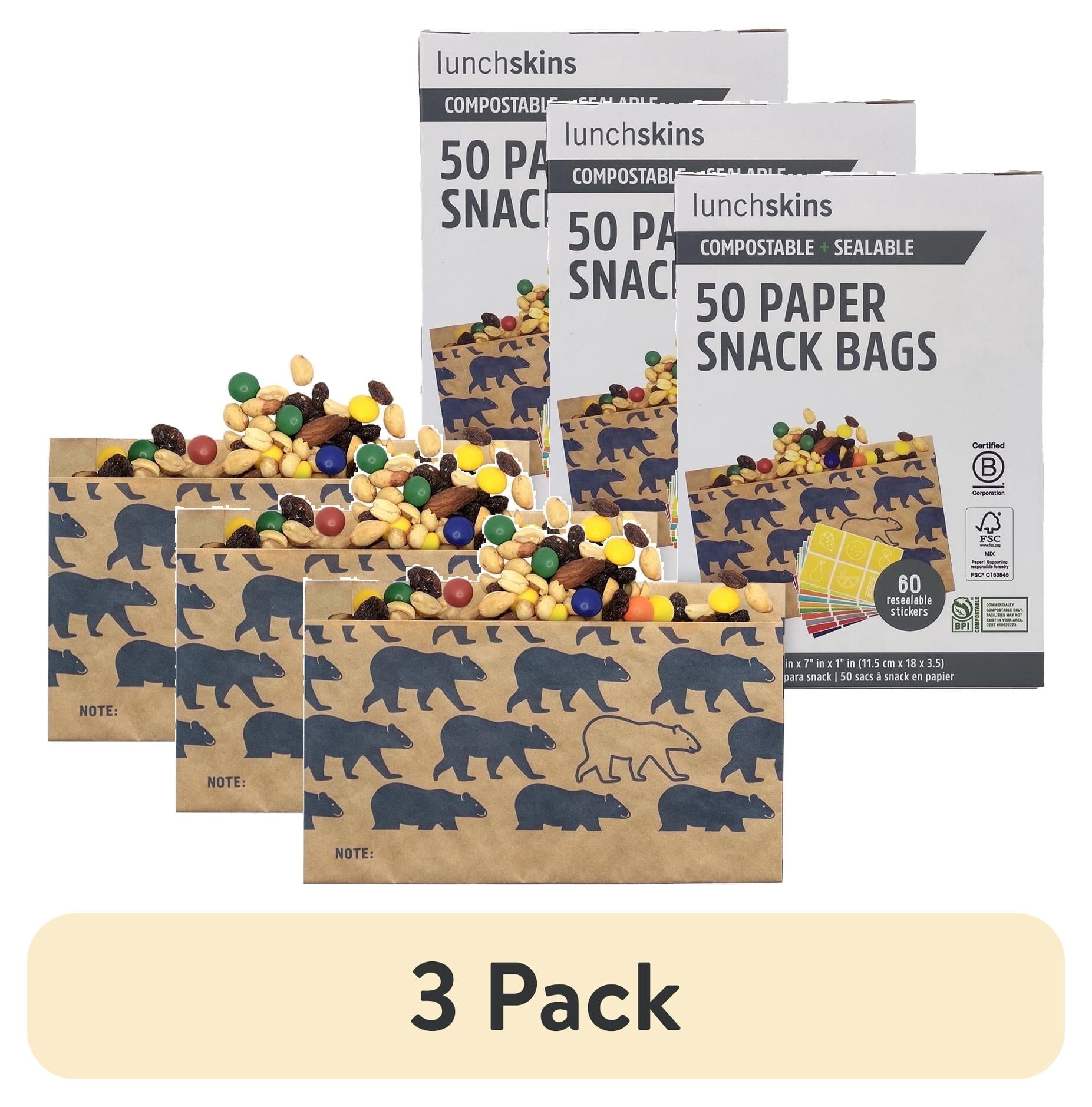 (3 pack) Lunchskins Compostable Snack Bags – 50 Count | Bear Design | Eco-Friendly Food Storage Bags Made from Unbleached Kraft Paper with Recyclable Resealable Stickers
