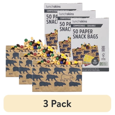 (3 pack) Lunchskins Compostable Snack Bags – 50 Count | Bear Design | Eco-Friendly Food Storage Bags Made from Unbleached Kraft Paper with Recyclable Resealable Stickers