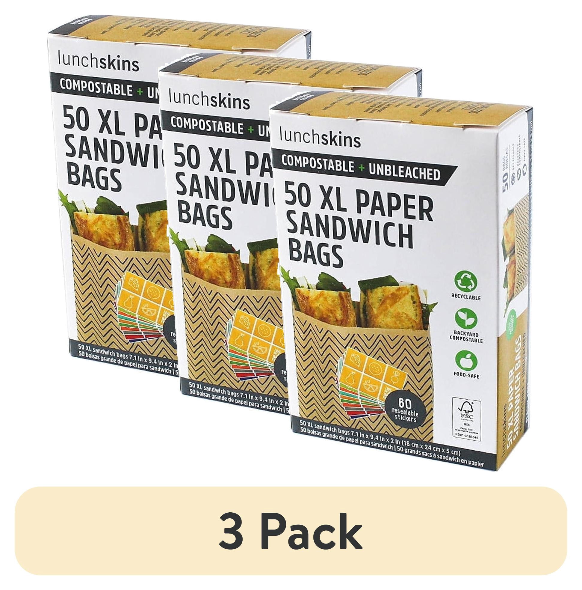 (3 pack) Lunchskins XL Compostable Sandwich Bags, 50 Count, Chevron Design, Eco-Friendly Kraft Paper with Recyclable Stickers
