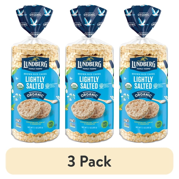 (3 pack) Lundberg Organic Brown Rice Cakes, Lightly Salted, Vegan, Gluten-Free, 7.1 Ounces