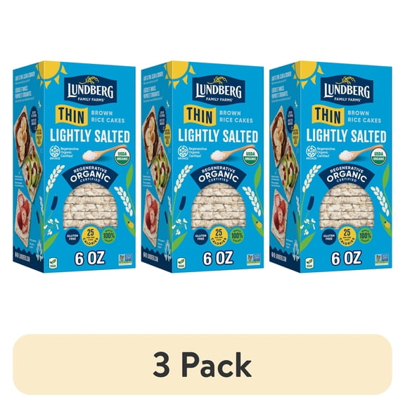 (3 pack) Lundberg Family Farms Organic Thin Brown Rice Cakes, Lightly Salted, Vegan, Gluten-Free, 6 Oz