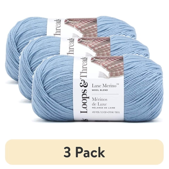 (3 pack) Luxe Merino Solid Yarn by Loops & Threads - Yarn for Knitting - Crochet - Weaving - and Arts & Crafts - Blue - Wool Blend - 5.3 oz
