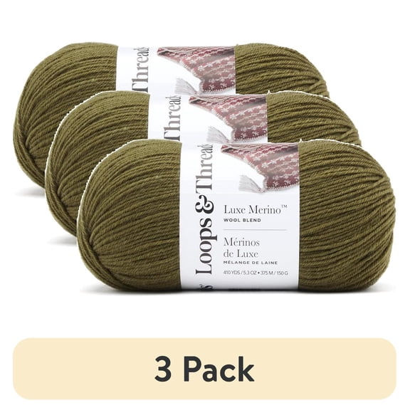 (3 pack) Luxe Merino Solid Yarn by Loops & Threads - Yarn for Knitting - Crochet - Weaving - and Arts & Crafts - Green - Wool Blend - 5.3 oz