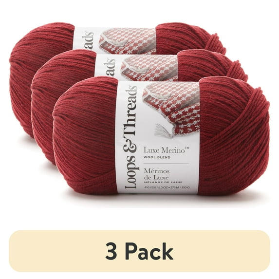 (3 pack) Luxe Merino Solid Yarn by Loops & Threads - Yarn for Knitting - Crochet - Weaving - and Arts & Crafts - Red - Wool Blend - 5.3 oz