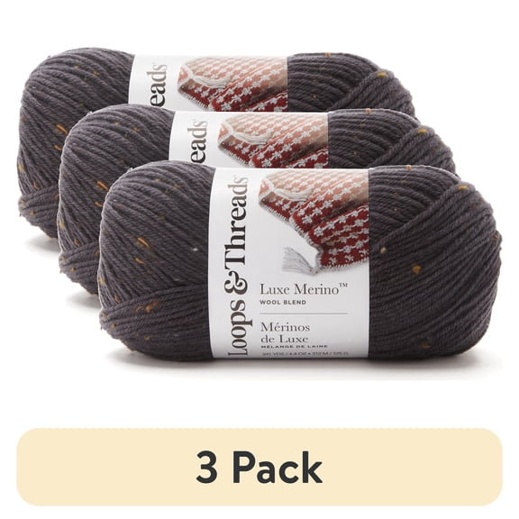 (3 pack) Luxe Merino Tweed Yarn by Loops & Threads - Yarn for Knitting - Crochet - Weaving - and Arts & Crafts - Ebony - Wool Blend - 4.4 oz