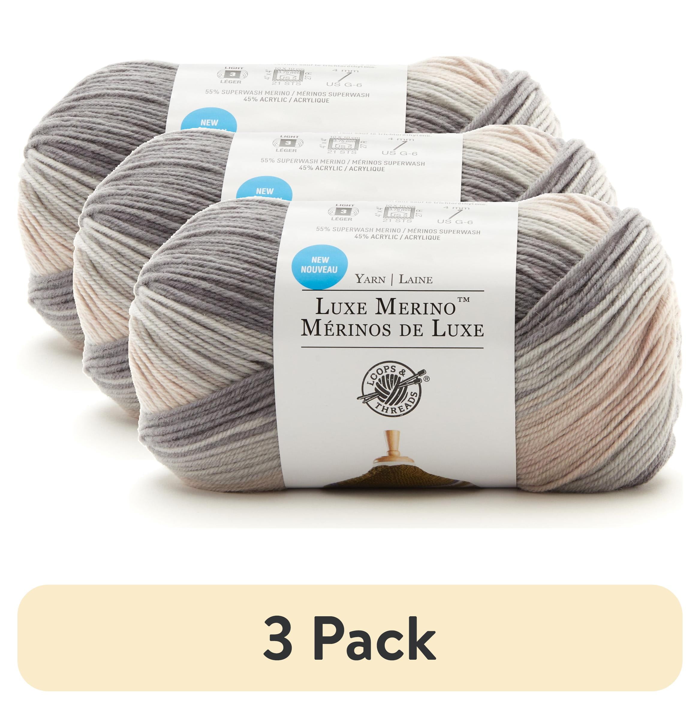 (3 pack) Luxe Merino Yarn by Loops & Threads - Yarn for Knitting - Crochet - Weaving - and Arts & Crafts - Gray - Acrylic Blend - 4.4 oz
