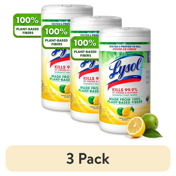 (3 pack) Lysol® Disinfectant Wipes, Plant Based Multi-Surface Cleaning Wipes, Fresh Citrus, 70 count