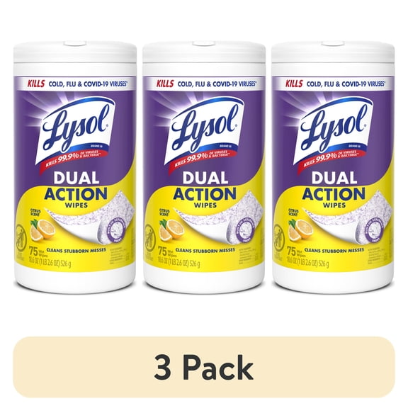 (3 pack) Lysol Dual Action Disinfectant Wipes, Multi-Surface Antibacterial Scrubbing Wipes, For Disinfecting and Cleaning, Citrus Scent, 75 Count