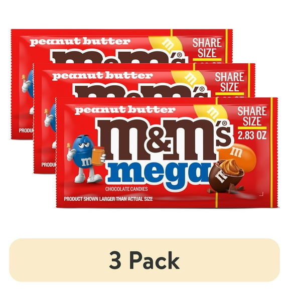 (3 pack) M&M's Mega Peanut Butter Chocolate Candy, Share Size - 2.83 oz Pack