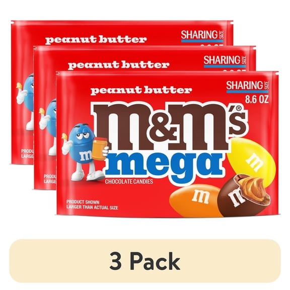 (3 pack) M&M's Mega Peanut Butter Chocolate Candy, Sharing Size- 8.6 oz Bag