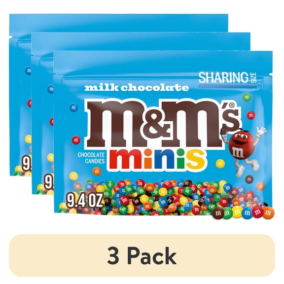 (3 pack) M&M's Minis Milk Chocolate Candy Sharing Size, 9.4 oz Bag