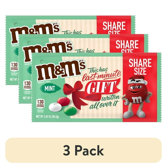 (3 pack) M&M's Mint Milk Chocolate Christmas Candy, Share Size - 2.83 oz Bag