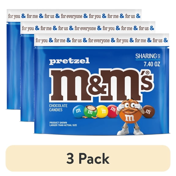 (3 pack) M&M's Pretzel Milk Chocolate Candy, Sharing Size - 7.4 oz Bag