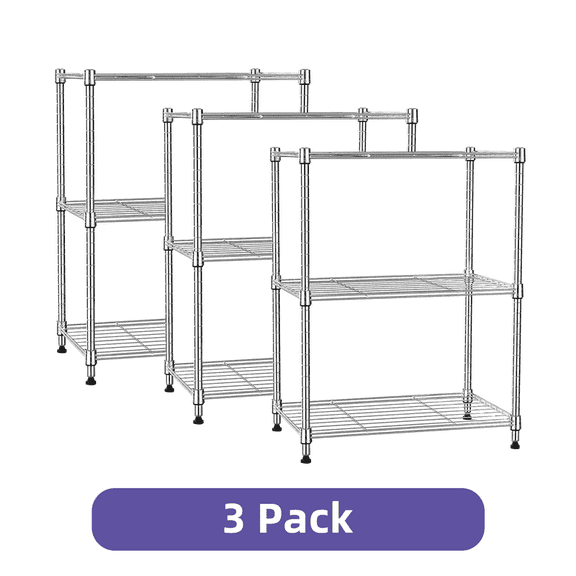 (3 Pack) M MZG Small Wire Rack Storage Shelving Unit Chrome, 3-Tier, 11.8" D x 17.7" W x 26.3" H